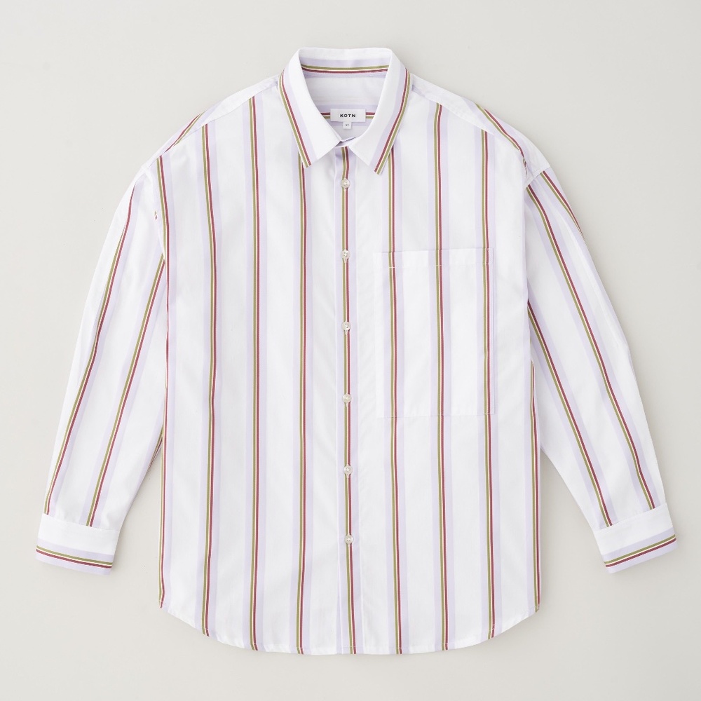 Unisex purple, green and terracotta stripped button down shirt - Kotn